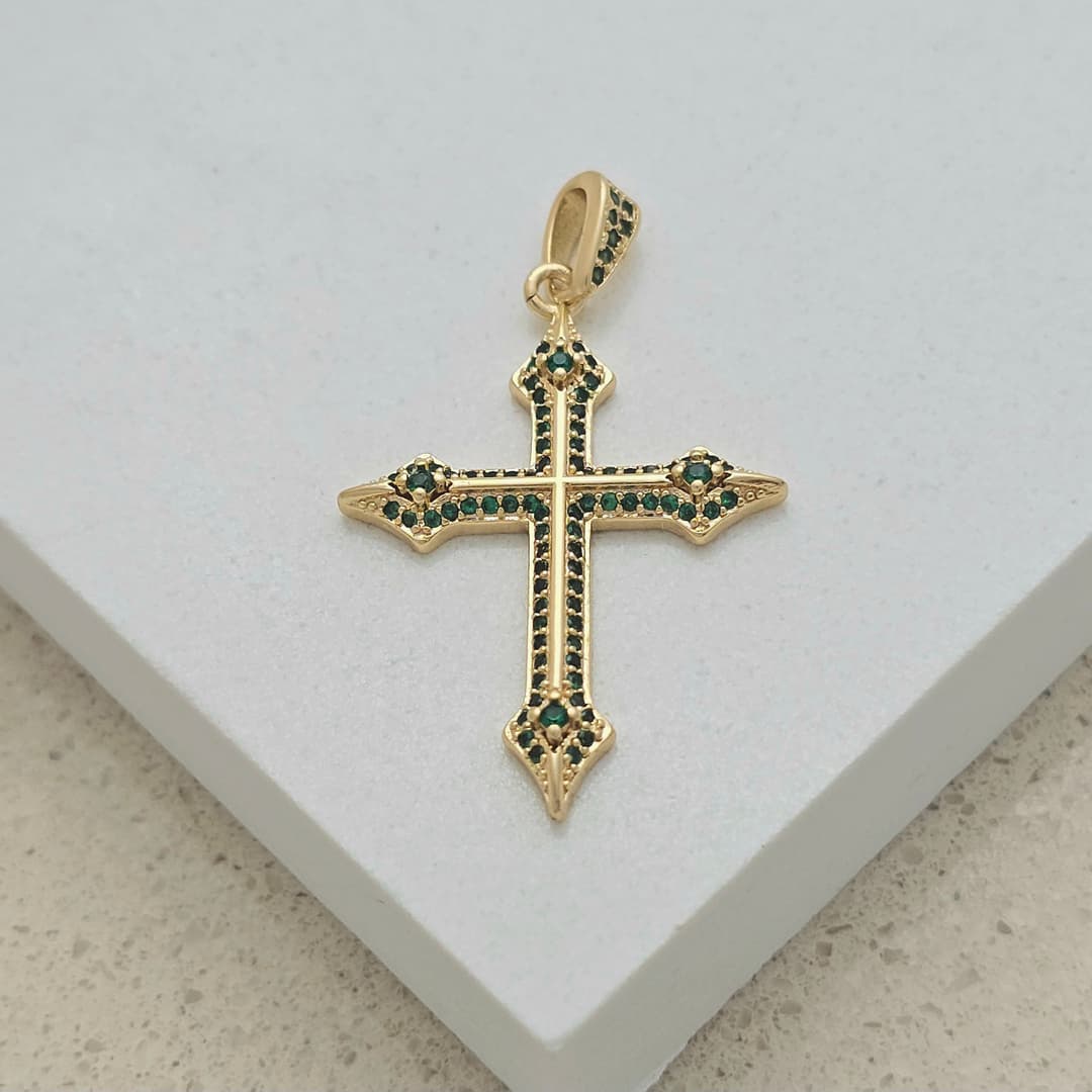 DIJE CRUZ EN PUNTA CIRCONES ESMERALDA